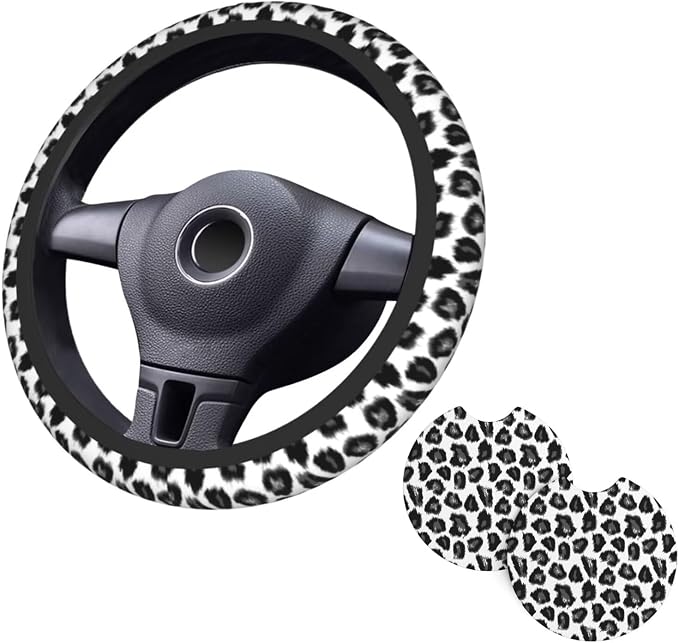 Grey Leopard Print Steering Wheel Cover 15 Inch Grey Cheetah Steering Wheel Cover Anti-Slip Breathable Universal 2 Pcs Car Interior Cup Holder Pad for Men Women