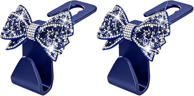 Zpana Bling Car Headreat Hook, 2PCS Crystal Rhinestone Cute Bow Vehicle Seat Back Hanger Storage for Purses Bags Grocery, Diamond Auto Rear Seat Organizer, Universal for SUV Truck Sedan (Blue)