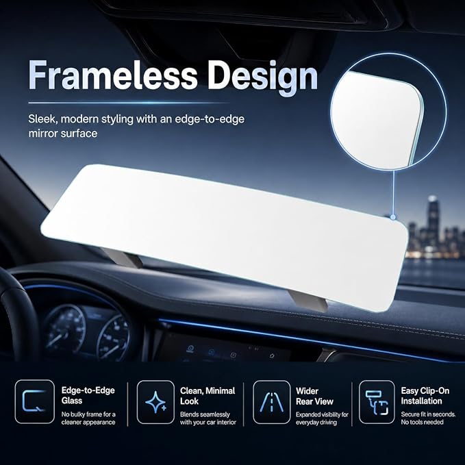 Wide Angle Panoramic Car Rearview Mirror, 12'', Convex, White | Frameless Clip-On Rear View Mirror, Crystal Clear Interior Mirror, Eliminate Blind Spots, Universal Fit Cars, SUVs, Trucks