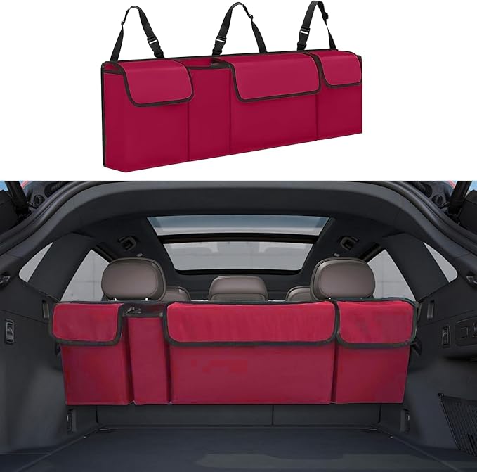 Car Trunk Organizer, Backseat Hanging Large Storage with Adjustable Straps,Waterproof PVC Collapsible Cargo Bag, Car Interior Accessories for Auto SUV MPV (Red)
