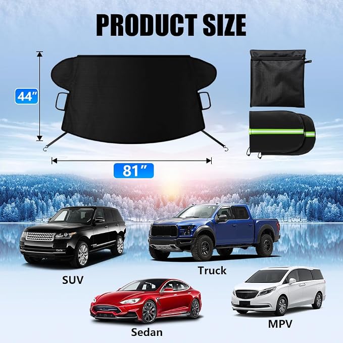 Car Windshield Cover for Ice and Snow, Windshield Snow Cover, Performance Brake Kits with Side Mirrors Cover for Snow, Ice, UV Fits Most Cars, Trucks, Vans, SUVs, Black