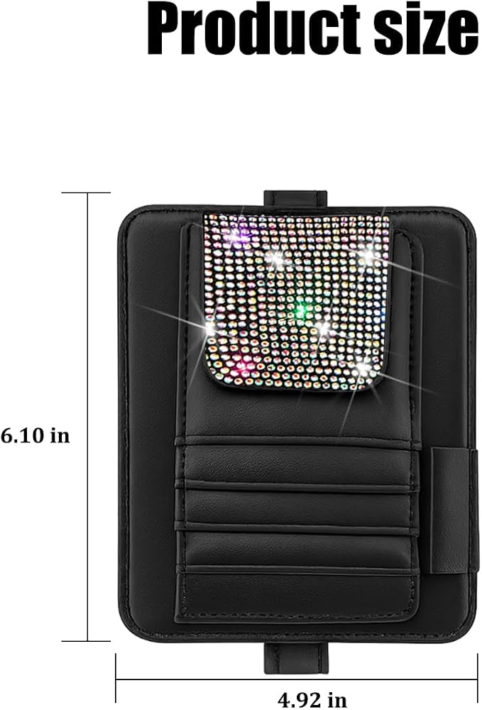 Bling Car Sun Visor Organizer, Multi Pocket Crystal Rhinestone Vehicle Sunshade Card Sleeve Storage Pouch with Pen Sunglass Holder, Auto Visor Organizer Pouch, Universal Fit (Multicolour)