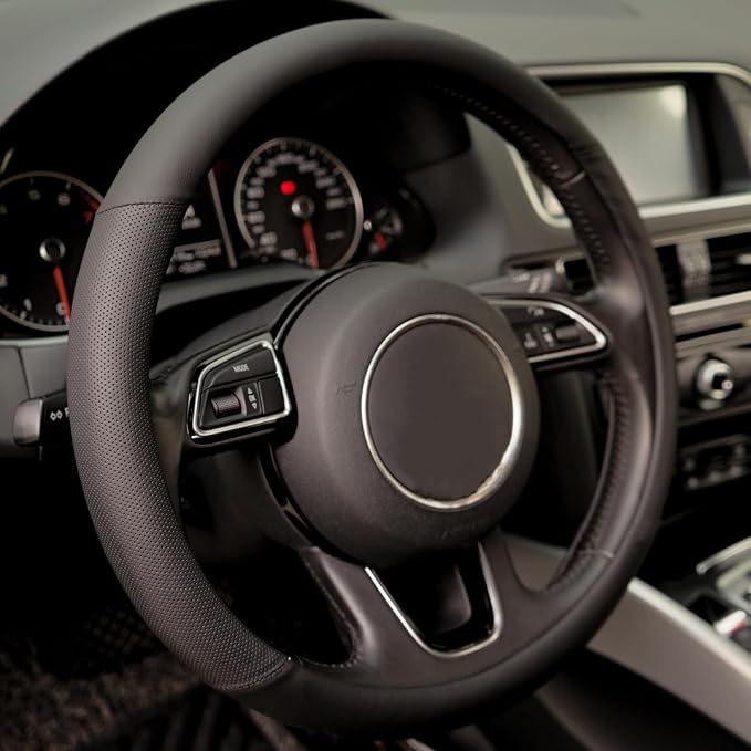 Microfiber Leather Steering Wheel Cover, Breathable Anti Slip Universal 14.5-15 inch Car Interior Accessories for Women Men, Black
