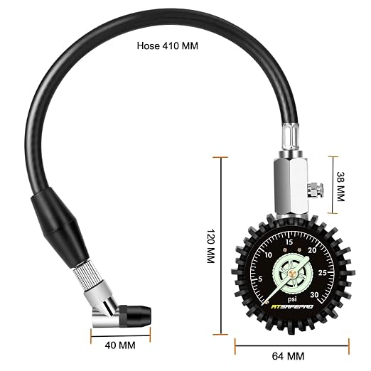 Low Pressure Tire Gauge to 30PSI, 2.5” Mechanical Tire Gauge with Flexible Hose and Angled Chuck, Analog Air Pressure Gauge Glow in The Dark for ATV, Off Road, Lawn Mower Etc