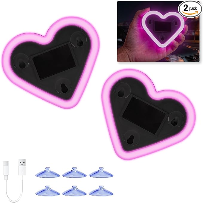 Upgrade Car Light LED Ambient Lights Heart Solar Lights Solar-Powered Heart-Shaped Neon Lights for Car Window Decorative 5 Modes Interior Outdoor Decor (Pink)