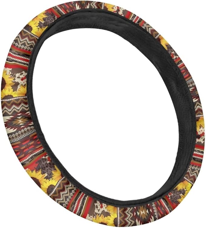 Sweat Absorption Steering Wheel Cover with Anti-Slip Lining for Car Truck SUV Van Car Wheel Cover Polyester Cover Car Decoration, American Tribal Geometric Sunflower Pattern