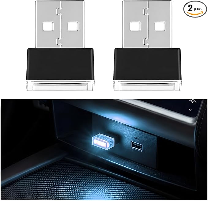 2PCS USB LED Car Interior Atmosphere Lamp, Portable Mini, Ice Blue | 5V USB-A plug-in, soft accent glow, no wiring, decor night light, car accessories for cars, SUVs, trucks