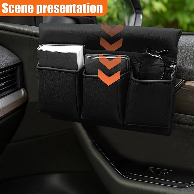 Car Window Armrest Storage Box, Leather Car Side Door Armrest Organizer Storage Bag with Multiple Pockets, Universal Comfortable Elbow Rest Pad Cushion for Auto Interior Accessories (Black)