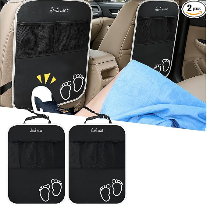 Car Kick Mats Backseat Organizer, 2PCS 2 in 1 Anti Kick Waterproof Back Seat Protector with 2 Storage Pockets, Large Capacity Auto Seat Accecories for Pets Kids, Universal Fit