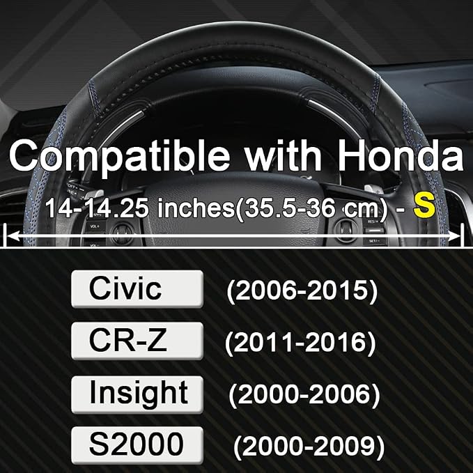 Customized Auto Car Steering Wheel Cover for Honda Civic, CR-Z, Insight, S2000, 14" - 14.25" (Diamond Quilted-Black+Blue-Small Size)
