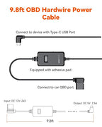 LED Screen OBD Hardwire Power Cable, 3 Gear Shifting,10ft USB-C, Low Voltage Protection for Parking Mode, Compatible with All Dash cams