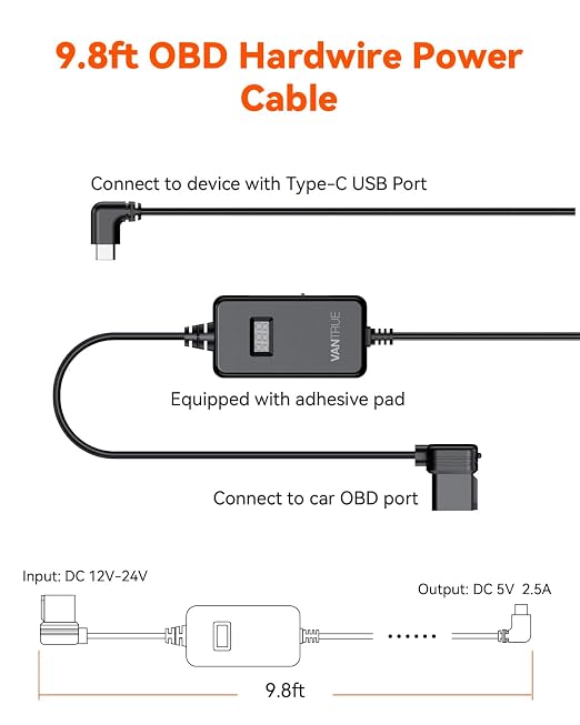 LED Screen OBD Hardwire Power Cable, 3 Gear Shifting,10ft USB-C, Low Voltage Protection for Parking Mode, Compatible with All Dash cams