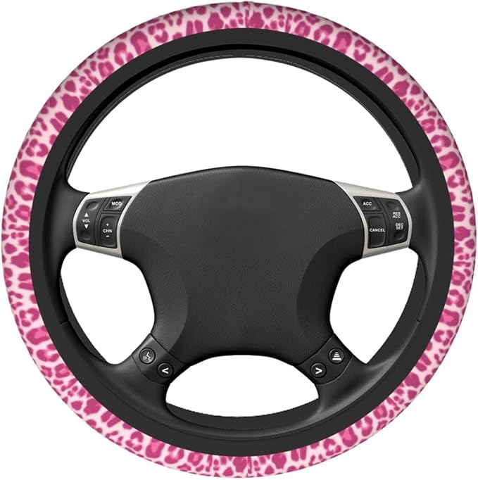 Leopard Print Steering Wheel Cover Anti-Slip Universal for 14.5-15 Inch Car Steering Wheel Cover with 2 Pieces Car Coasters Suitable for Men Women