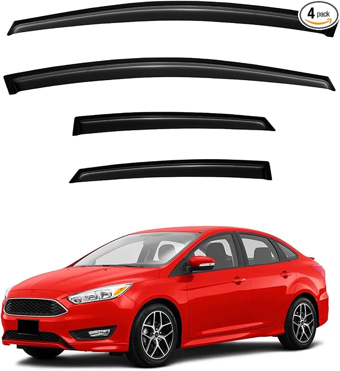Rain Guards for 2012-2018 Ford Focus Sedan & Hatchback (Not fit rs), Out-Channel Window Visor Shields Vent Deflector Shade Wind Dark Smoke 2013 2014 2015 2016 2017 12 13 14 15 16, Outside-Mount, 4PCS