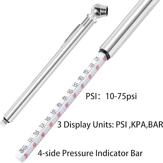 Pencil Tire Pressure Gauge (10-75PSI) Stainless Steel Body and Metal Made Nozzle 3 Measurements for Vehicles (5 Pack)