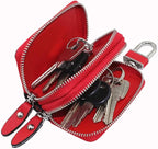 Key Fob Case Genuine Leather, Double Zipper Car Key Holder & Key Wallet with Keychain, Key Pouch for Purse Gift