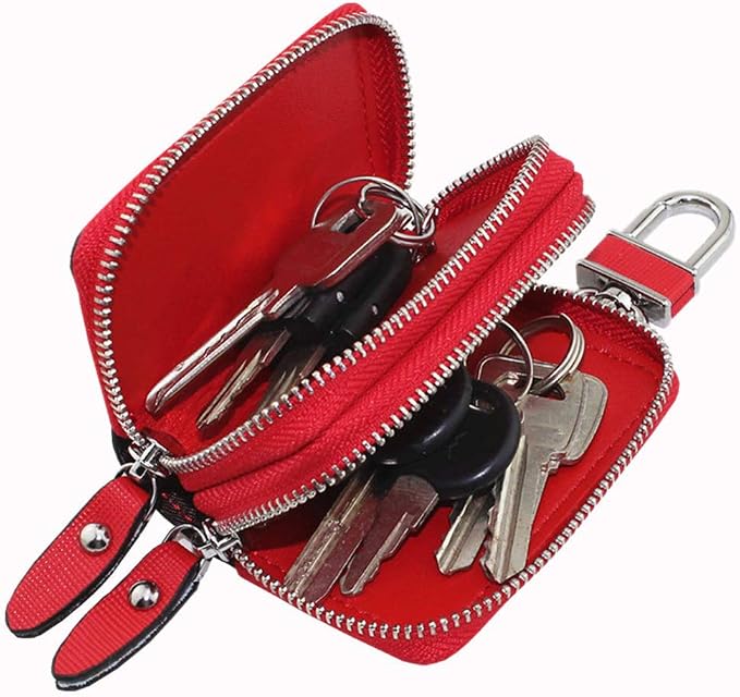Key Fob Case Genuine Leather, Double Zipper Car Key Holder & Key Wallet with Keychain, Key Pouch for Purse Gift