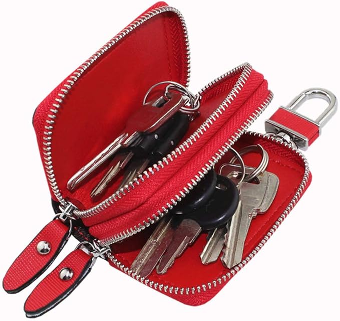 Car Key Fob Holder for Women, Genuine Leather Car Key Case Keychain Holder Metal Hook and Keyring Zipper, 2 Sides Pocket
