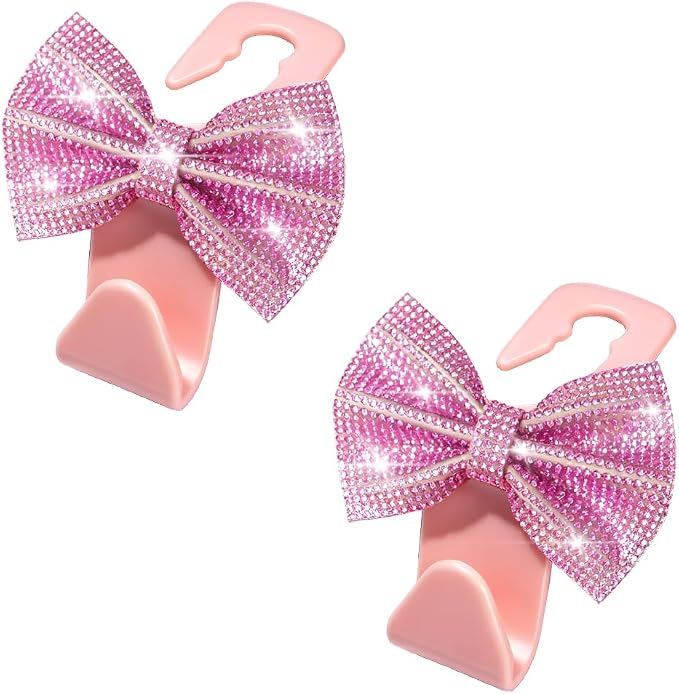 2PCS Bling Bow Car Seat Headrest Hooks, Crystal Rhinestone Vehicle Rear Seat Hanging Storage Hooks for Purses Bags Coats, Auto Headrest Storage Organizer, Universal Fit (Pink)