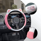 Car Steering Wheel Cover, 15 Inch Fluffy Soft Plush Auto Protector, Anti-Slip Elastic Lovely Car Cover Accessories with Kitty Cat Ears Universal for Most Cars (Fluffy-White+Light Pink)