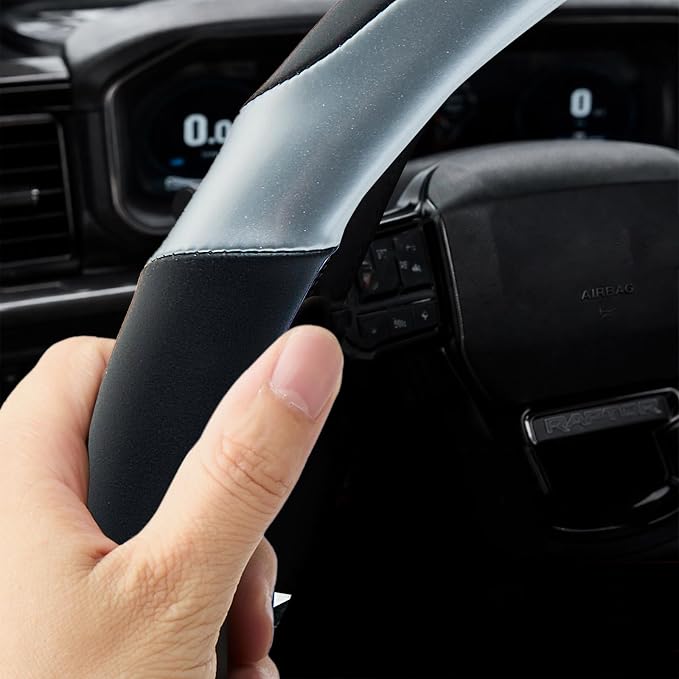 Leather Steering Wheel Cover for Chevy Silverado 1500 2500 3500, 14.5-15 inches Car Steering Wheel Cover with Non-Slip Breathable (Bright Silver)
