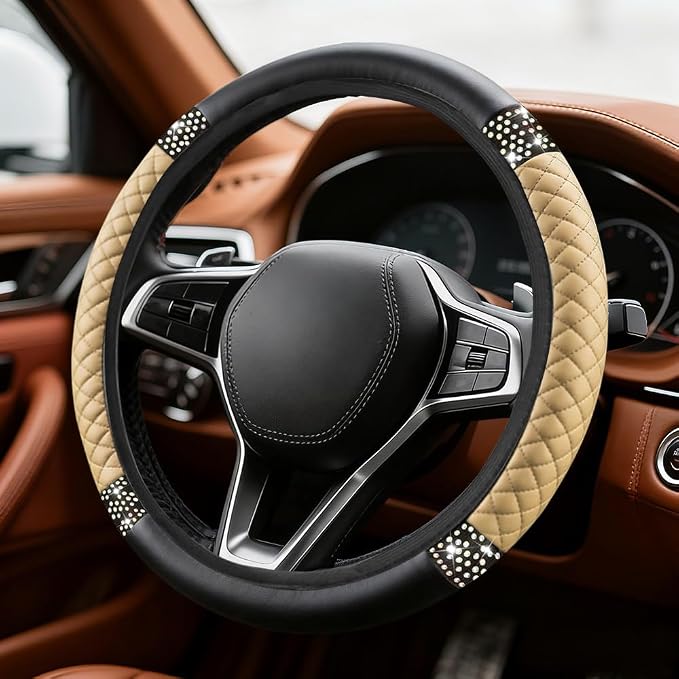 Bling Soft Leather Steering Wheel Cover, Steering Wheel Protector, 15 Inch Rhinestones Car Elastic Protector with Crystal Diamond for Women Girls, Car Accessory for Vehicles (Beige)