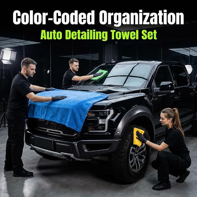 3-Pack Color-Coded Car Drying Towels (48"x24"/14"x24"/10"x10") 1200GSM Dual-Sided Twisted Loop & Coral Fleece - One Pass Save Time, Streak-Free, Scratch-Free for Cars, Trucks, SUVs
