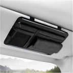 Car Sun Visor Organizer, Soft Leather Vehicle Sunshade Glasses Storage Bag with Net Zipper, Automotive Multi-Pocket Organizer for Drive License Card Glasses Document (Black)