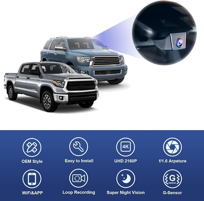4K Dash Cam Suitable for Toyota Tundra 2017-2021 & Sequoia 2017-2022 Limited SR5 Platinum TRD Pro, Integrated OEM Look, High Definition 2160P Video WiFi, G-Sensor, Loop Recording, 64GB Card