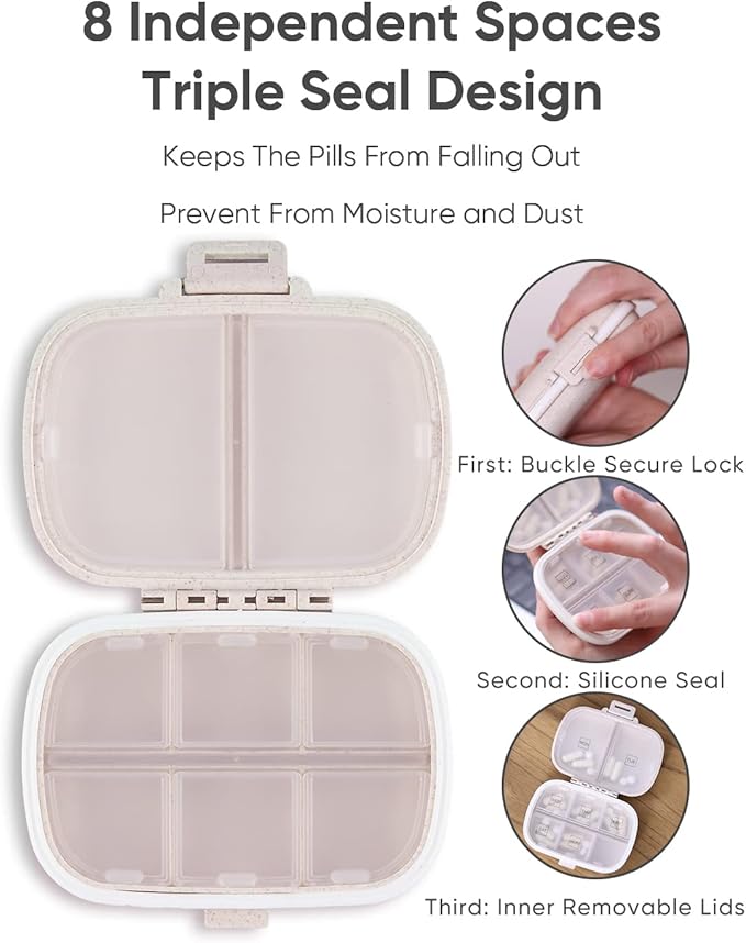 Holii Travel Pill Organizer, 8 Compartments Portable Pill Case, Daily Pill Box to Hold Vitamins, Small Pill Container for Pocket Purse Medicine Organizer（Khaki）