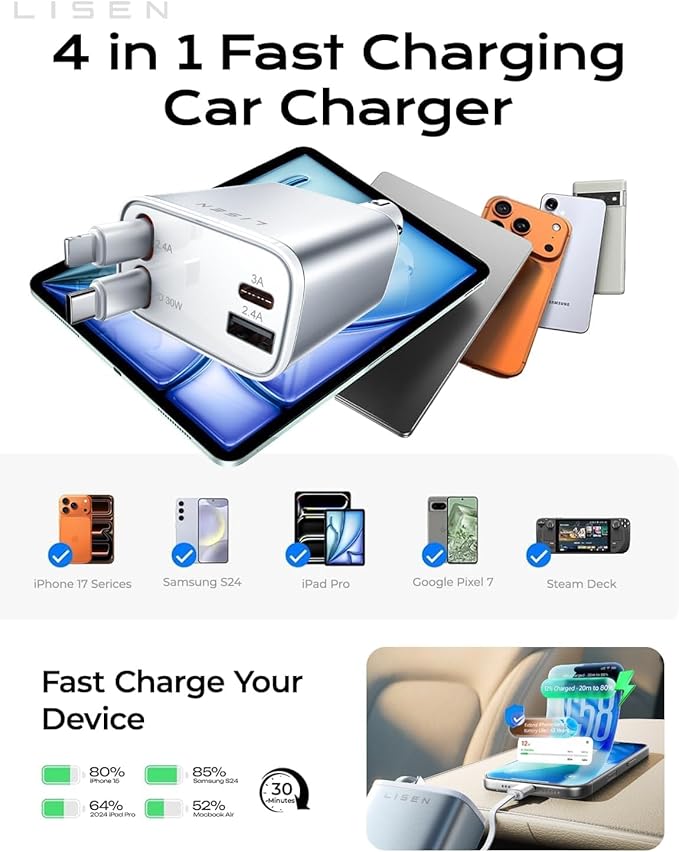 Retractable Car Charger for iPhone, for iPhone 17 Pro Max 16 15 14 13 12 Plus Mini, Cute 4 in 1 Retractable USB C Car Charger Fast Chareg for Women Men, 84W Fast Charging Car Accessorie | Multiple Ports Car Charger, Retractable Car Charger Fast C...
