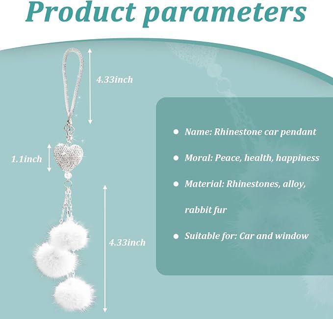 Bling Diamond Heart Car Interior Accessories, Heart & Pink Plush Ball Decor Ornament Pendant, Hanging Decoration Charm (White)