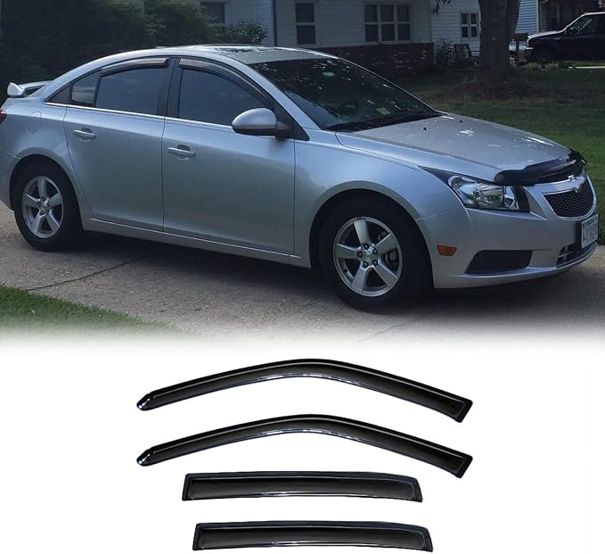 Side Window Wind Deflector fit for 2011-2015 Chevy Cruze&2016-2016 Chevrolet Cruze Limited, 4pcs Out-Channel Tape-On Rain Guards Set, Dark Smoke Nice Window Shade Visor 94611