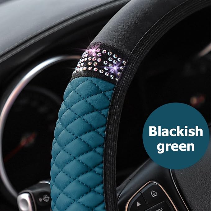 Bling Car Steering Wheel Cover, 15 Inch Rhinestones Soft Leather Elastic Steering Wheel Protector, Sparkly Crystal Diamond for Women Girls (Black Green)