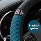 Bling Car Steering Wheel Cover, 15 Inch Rhinestones Soft Leather Elastic Steering Wheel Protector, Sparkly Crystal Diamond for Women Girls (Black Green)
