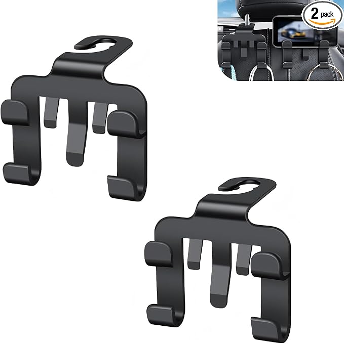 2 PCS Car Headrest Hooks, Multi-functional Seat Back Hanger for Phone & Bag & Umbrella, ABS Load Capacity Hidden Hanging Hook, Interior Organizer for Most Vehicles (Black)