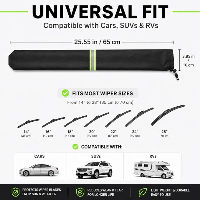 2Pcs Windshield Wiper Covers, 210D Heavy Duty Waterproof Wiper Blade Protector for Rain Snow Bird Poop, Universal Fit 25.5" Covers Sleeves with Reflective Strip for Cars, RVs, Trucks