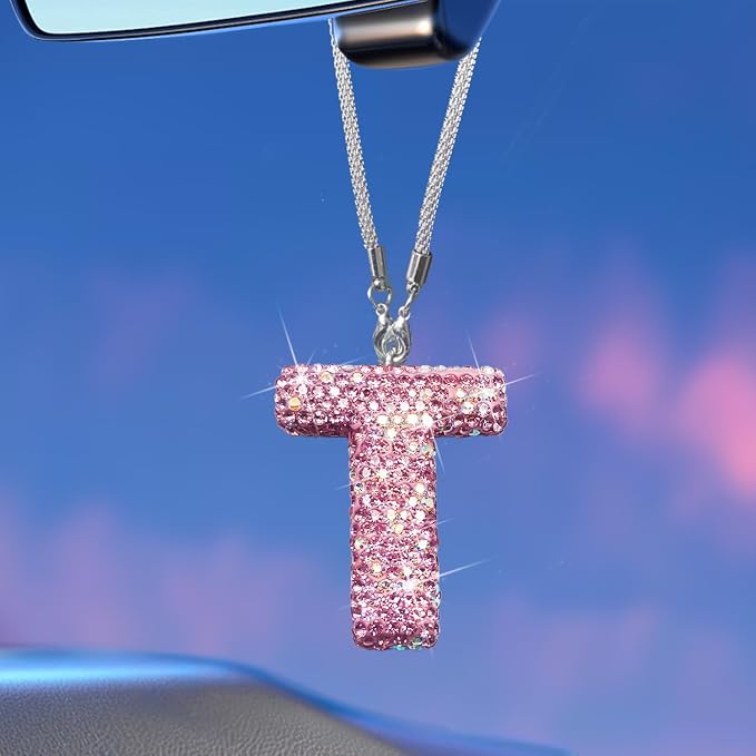 Bling Pink Car Accessories for Women Letter Charm, Rainbow Color Rear View Mirror Cute Crystal Pendant Car Decorations, Lucky Gifts Girly Diamond Rhinestone Charm Letter T