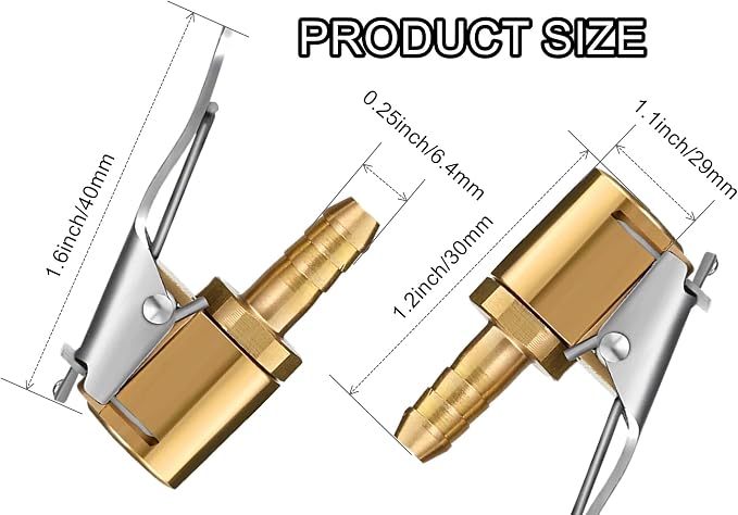 Tire Air Chuck Adapter with Clip,1/4" Brass American Type Thread Pump Nozzle，Locking Tire Inflator Adapter Connect, Air Compressor Tire Chuck Hose End with Barb Connector for Hose Repair 1PC