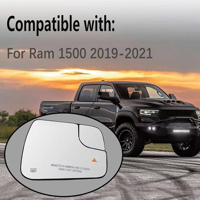 Right Passenger Side Heated Blind Spot Convex Mirror Glass Replacement For 2019 2020 2021 Dodge Ram 1500 - Power Heated, Blind Spot, with Backing Plate, Replace 68402036AA 68402037AA
