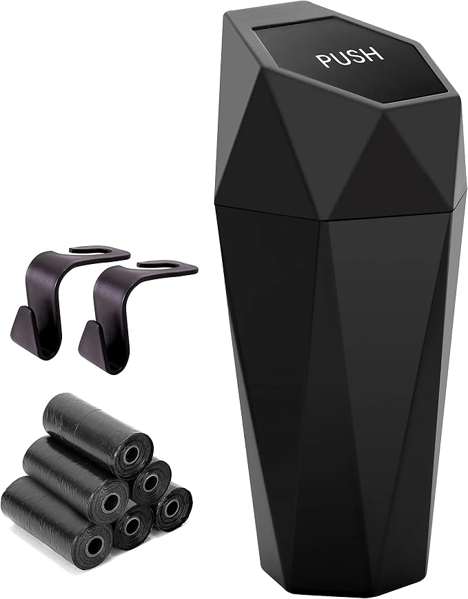 Car Trash Can Cup Holder, Mini Car Trash Can with Lid, Car Accessories for Interior, Leakproof Small Trash Cup for Car, Home, Office, Bedroom with Additional 2 Hooks and 90pcs Trash Bags Black