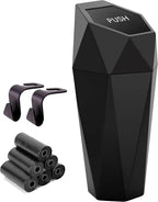 Car Trash Can Cup Holder, Mini Car Trash Can with Lid, Car Accessories for Interior, Leakproof Small Trash Cup for Car, Home, Office, Bedroom with Additional 2 Hooks and 90pcs Trash Bags Black