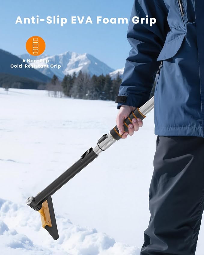 43.7" Extendable Ice Scrapers for Car Windshield for 12 Adjustable Length Settings with Foam Grip and 360° Pivoting Brush Head Detachable Snow Brush for Truck SUV(Orange)