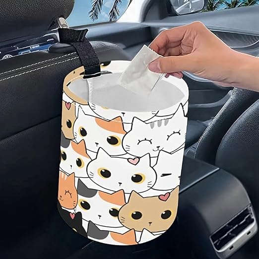Portable Reusable Waterproof Car Trash Bin, Multipurpose Vehicle Organizer, Road Trip Essentials (Cats)