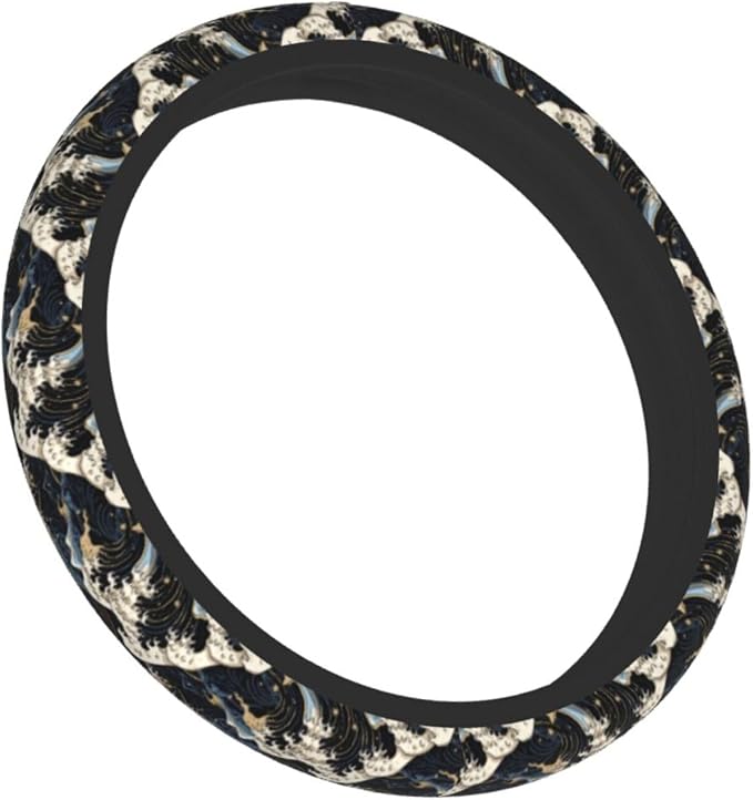Japanese Wave Black Steering Wheel Cover Car Accessories Cute for Women Girls Girly Universal 15 Inch Neoprene Auto Interior Decor Anti Slip Car Truck Protector