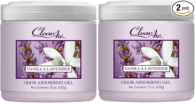15oz Gel Odor Eliminator - Absorb & Remove Strong Odors from Pets, in Bathrooms, Basements, Garage, Cars, RVs & Boats - Eliminate Tough Odors with Essential Oils (Vanilla Lavender, 2-Pack)