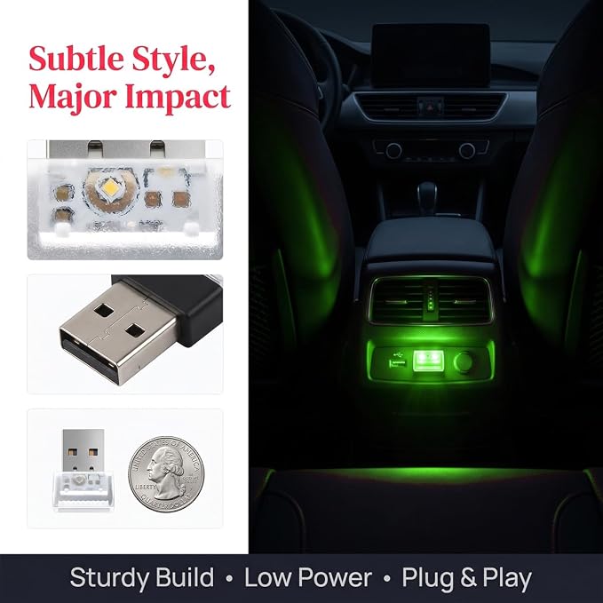 4PCS USB LED Car Interior Atmosphere Lamp, Portable Mini, Green | 5V USB-A plug-in, soft accent glow, no wiring, decor night light, car accessories for cars, SUVs, trucks