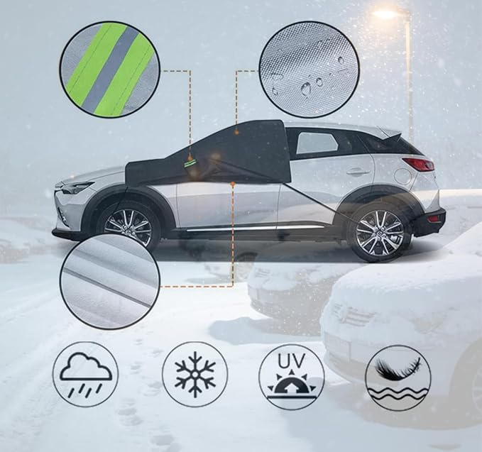 Car Windshield Cover for Ice and Snow - Universal Fit for Cars, SUVs, Trucks, Heavy Duty Oxford Fabric Frost Protector for Ice and Snow,Triple-Window Cover (Oxford Cloth -Green Reflective Strips)