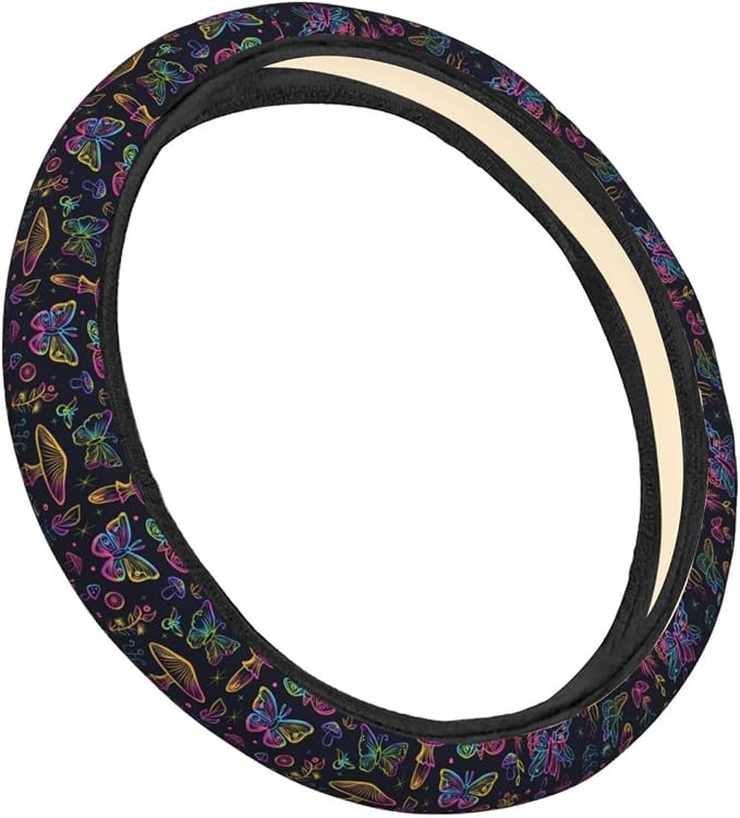 Neon Night Moths Butterflies Mushroom Steering Wheel Covers Anti-Slip Elasticity Car Accessories Steering Wheel Protector Universal 15 Inch for Cars SUV Vehicle Truck