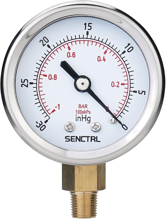 30inHg Vacuum Pressure Gauge, 2" Dial, 1/8 NPT Lower Mount, Waterproof, Stainless Steel Case, for Tube Tester, HVAC, Pneumatic Air Compressor, Hand Pump, Valve Test